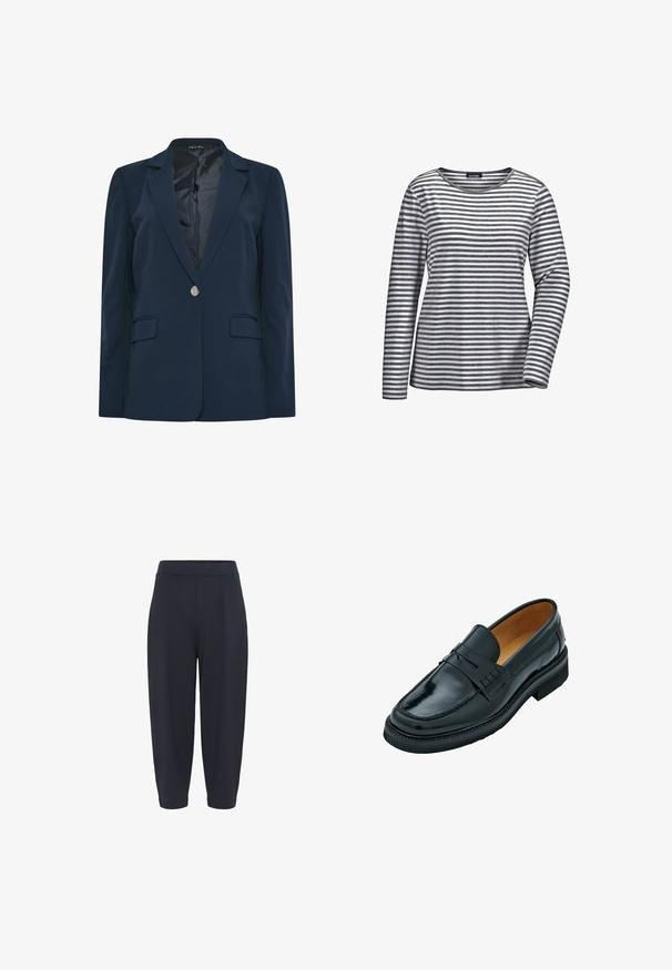 Marineblauw colbert met één knoop, met inkeping revers, twee klepzakken aan de voorkant en zwarte voering, frontaal getoond.; Lange mouw shirt gemaakt van zachte stof, met afwisselend grijze en witte horizontale strepen, een ronde halslijn en een relaxte pasvorm.; Oceaanblauwe tapered broek met een elastische tailleband, voorzien van middelste plooien, een gladde textuur en een lengte tot de enkel.; Zwarte leren instappers met een gladde afwerking, voorzien van een verhoogde band over de wreef, een ronde neus en een lage, platte rubberen zool.