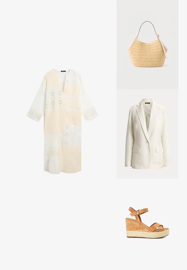 Off-white enkelrijjig colbert met opstaand revers, sluiting met één knoop en twee klepzakken aan de voorkant, weergegeven op een effen achtergrond.; Lange beige en witte jurk met patchworkontwerp en kanten details op de mouwen, borst en zoom, met een V-halsopening.; Cognackleurige leren sleehaksandaal met kurken hak, enkelbandje met gesp en gevlochten jute details op de plateauzool.; Beige geweven strohandtas met witte leren afwerking en verstelbare schouderriem, tentoongesteld tegen een effen lichte achtergrond.