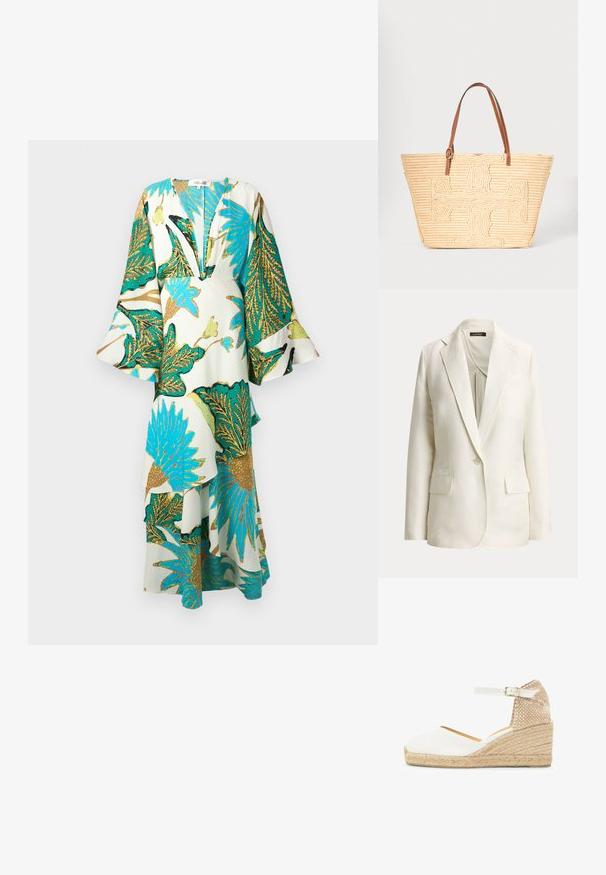 Off-white enkeltbreasted blazer med hakkede revers, enkelt knaphul og to forlommer med klap, vist på en ensfarvet baggrund.; Lang, flydende kjole med dyb V-hals, klokkeærmer og levende tropiske bladmønstre i teal, guld og grøn på en lys baggrund.; Hvid kileformet espadrillesko med ankelrem, beige vævet hælkappe og flettet sål af jute.; Beige vævet skuldertaske med stort tekstureret korsmønster foran og brune læder skulderstropper.
