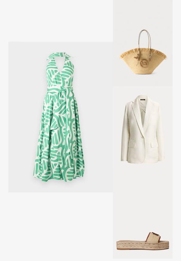 Off-white enkeltbreasted blazer med hakkede revers, enkelt knaphul og to forlommer med klap, vist på en ensfarvet baggrund.; Grøn og hvid halterneckkjole med en indviklet design, tætsiddende overdel og lang nederdel med bladmønster og bælte i taljen.; Beige vævet slide sandal med tyk flettet platformsål og brun læderkant på remmen mod en ensfarvet baggrund.; Stor vævet stråtaske med lysebrune læderhåndtag, frynset topkant og rund MK-logo-charme, der hænger foran.