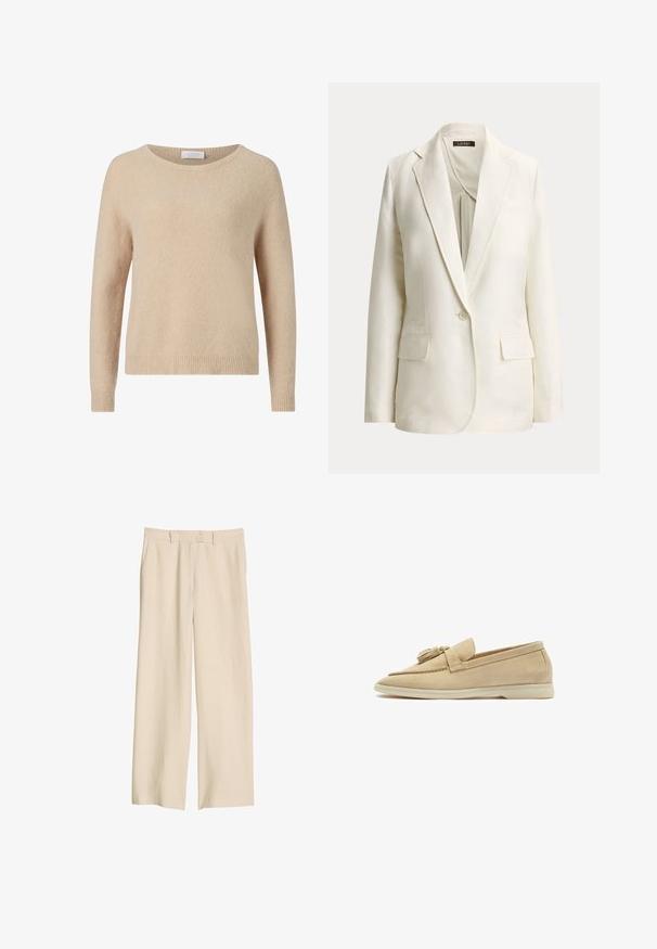 Blazer écru simple boutonnage avec revers crantés, une fermeture par bouton et deux poches avant à rabat, présenté sur un fond uni.; Pull en tricot beige avec un col rond, des manches longues et un ourlet côtelé. Texture douce et coupe décontractée. Étiquette visible au niveau du col.; Pantalon beige à jambe large et taille haute avec passants pour ceinture, poches avant et fermeture éclair devant, présenté sur un fond blanc.; Scarosso Chaussons - butter suede