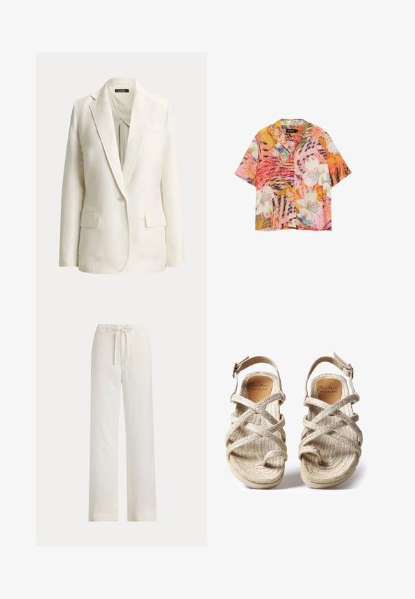 Off-white enkeltbreasted blazer med hakkede revers, enkelt knaphul og to forlommer med klap, vist på en ensfarvet baggrund.; Kortærmet skjorte med knapper, prydet med livlige tropiske blomster- og bladmønstre i toner af pink, orange, hvid og grøn.; Løse hvide bukser med elastisk talje og snøre, vist mod en ensfarvet baggrund.; Beige flettede sandaler med krydsremdesignet, lavet af teksturerede naturlige fibre, med flad sål og justerbar ankelrem.