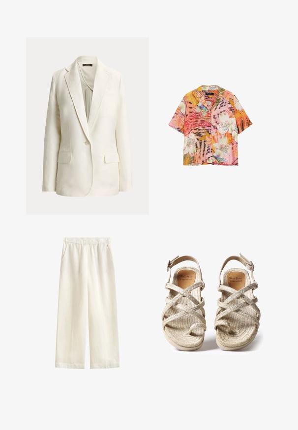 Off-white enkeltbreasted blazer med hakkede revers, enkelt knaphul og to forlommer med klap, vist på en ensfarvet baggrund.; Kortærmet skjorte med knapper, prydet med livlige tropiske blomster- og bladmønstre i toner af pink, orange, hvid og grøn.; GANT BLEND PULL ON PANTS - Bukser - eggshell; Beige flettede sandaler med krydsremdesignet, lavet af teksturerede naturlige fibre, med flad sål og justerbar ankelrem.