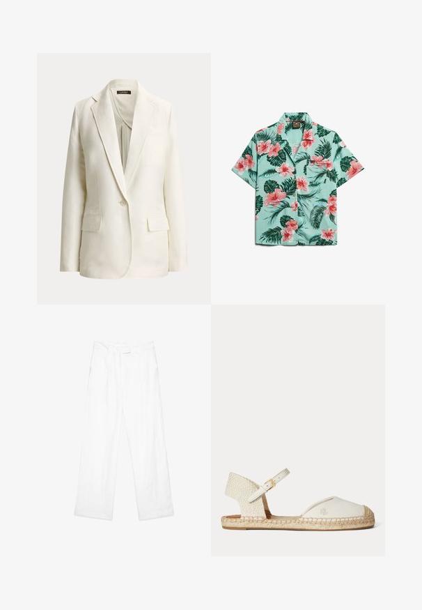 Blazer crudo de un solo botón con solapas con muesca, cierre de un botón y dos bolsillos delanteros con solapa, mostrado sobre un fondo liso.; Camisa de manga corta con botones, con fondo azul claro, flores de hibisco rosas y hojas verdes; detalle de bolsillo delantero.; Pantalones de lino blancos con un ajuste holgado, que presentan un diseño de pierna recta, bolsillos frontales y una cintura plana. Textura suave en todo el tejido.; Sandalia espadrille blanca con tacón trenzado, correa en el tobillo con hebilla dorada y logo "RL" en la puntera de lona, suela plana de yute.