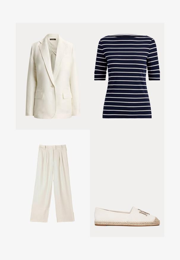 Off-white enkeltbreasted blazer med hakkede revers, enkelt knaphul og to forlommer med klap, vist på en ensfarvet baggrund.; Marineblå skjorte med hvide vandrette striber og albuelange ærmer, vist på en ensfarvet lys baggrund.; Bukser med vide ben i lysebeige stof, med dobbelte læg foran og en lige pasform, med en glat tekstur og uden synlige metaldele.; Hvid lærreds espadrille sko med flettet jutebund og metallisk dekorativt emblem foran.