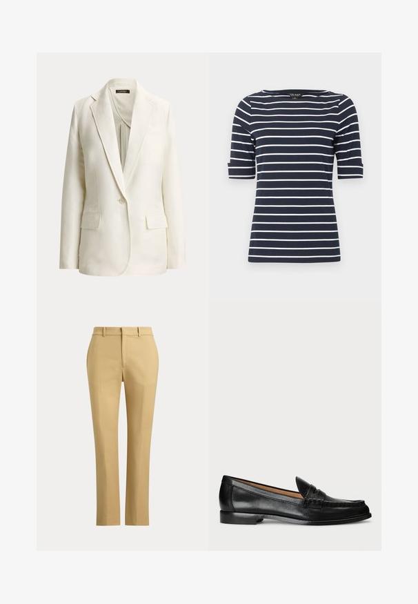 Off-white enkelrijjig colbert met opstaand revers, sluiting met één knoop en twee klepzakken aan de voorkant, weergegeven op een effen achtergrond.; Marineblauw kort mouw shirt met witte horizontale strepen en een ronde hals.; Beige rechte broek met riemlussen, een rits aan de voorkant en op maat gemaakte plooien op een effen lichte achtergrond.; Lauren Ralph Lauren WYNNIE - Instappers - black