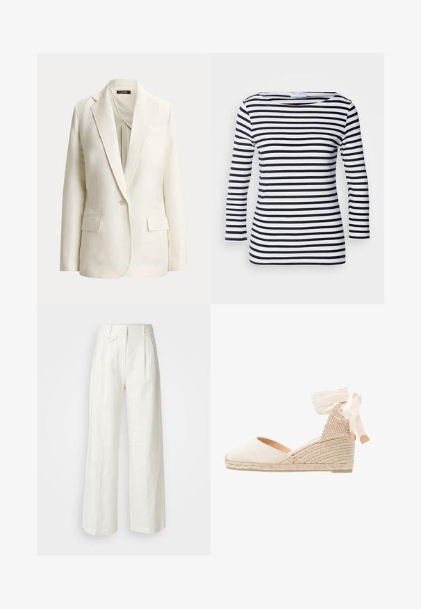 Blazer écru simple boutonnage avec revers crantés, une fermeture par bouton et deux poches avant à rabat, présenté sur un fond uni.; Haut à rayures bleu marine et blanc à manches longues avec un décolleté large et un tissu doux et extensible. Présente des rayures horizontales uniformes sur l'ensemble.; Pantalons larges en lin blanc avec des plis sur le devant, une fermeture à un bouton et des poches latérales, présentant une texture lisse et un design structuré.; Escarpin compensé en toile beige avec un dos texturé, un ruban de cheville crème et une semelle en jute tressé. Bout arrondi avec un léger talon.