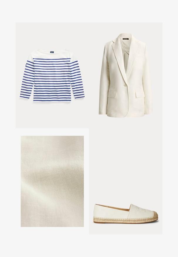 Off-white enkelrijjig colbert met opstaand revers, sluiting met één knoop en twee klepzakken aan de voorkant, weergegeven op een effen achtergrond.; Lange mouw top in witte katoen met horizontale blauwe strepen. Heeft een bootnek en een klein logolabel op de linkermouw.; Lichtbeige gemêleerde stof met een geweven patroon, die subtiele variaties in kleur en oppervlakte details toont. Over het algemeen een zachte, gladde textuur.; Witte instapespadrille met gevlochten jutezool en gestikte details langs de randen, gezien van de buitenkant.