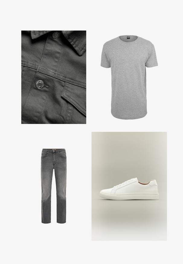Grijze denimstof met een gestructureerde afwerking, voorzien van een knoopsluiting en een borstzak. Stikdetails zijn zichtbaar langs de naden.; Grijze katoenen T-shirt met ronde hals, korte mouwen, rechte zoom en een zachte textuur; minimale merkidentificatie zichtbaar bij de halslijn.; Grijze denim jeans met een rechte pasvorm, vijf zakken en een subtiele vervaagde afwerking. Voorzien van een knoop- en ritssluiting.; Witte lage sneaker met vetersluiting en platte zool, zijwaarts weergegeven op een neutrale achtergrond.