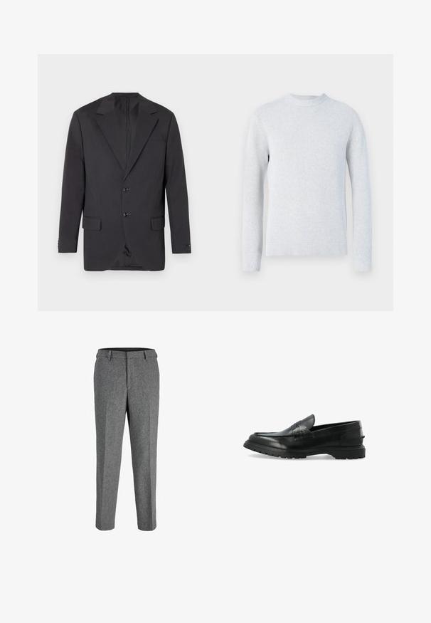 Blazer gris foncé avec un col à cran, deux boutons à l'avant, deux poches latérales et une poche poitrine. Tissu lisse avec une coupe ajustée.; Pull en maille gris clair à manches longues avec col rond et poignets et bas en bord-côte, présenté sur fond blanc.; Pantalon gris en mélange de laine à coupe droite, avec un devant plat, des passants de ceinture et une finition texturée.; Mocassins en cuir noir avec un design bas, des accents texturés, une semelle flexible et un léger talon surélevé pour l'adhérence et le confort.