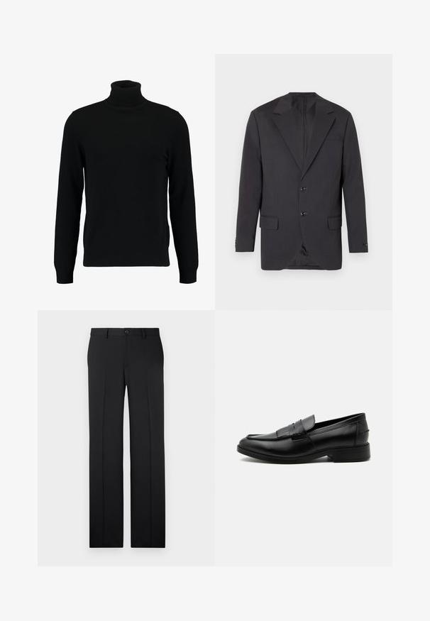 Blazer gris foncé avec un col à cran, deux boutons à l'avant, deux poches latérales et une poche poitrine. Tissu lisse avec une coupe ajustée.; Un pull à col roulé noir en matière tricotée douce. Il possède des manches longues, un col et un ourlet côtelés. Son design est simple et épuré, sans motifs.; Pantalons noirs ajustés avec une coupe droite, en tissu lisse, avec des plis avant et une fermeture à bouton unique à la taille.; Mocassin homme en cuir noir avec détail pompon, bout arrondi, talon bas et finition polie lisse, montré de profil sur fond blanc.
