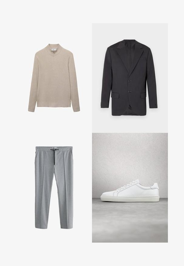 Blazer gris oscuro con solapa muesca, dos botones frontales, dos bolsillos laterales y un bolsillo en el pecho. Tejido suave con un corte ajustado.; Suéter beige con canalé, cuello alto y cierre de media cremallera. Las mangas largas y el diseño ajustado del dobladillo realzan el aspecto texturizado.; Pantalones gris claro de pierna recta con cintura de cordón y bolsillos laterales, mostrados planos sobre un fondo blanco.; Zapatilla blanca con parte superior de cuero liso y perfil bajo. Presenta una puntera redondeada, seis ojales y una suela de goma texturizada.