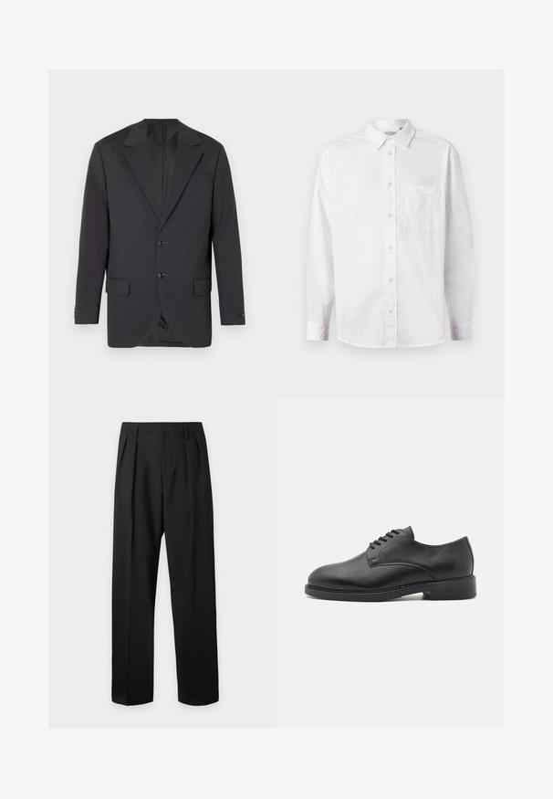 Blazer gris foncé avec un col à cran, deux boutons à l'avant, deux poches latérales et une poche poitrine. Tissu lisse avec une coupe ajustée.; Chemise blanche à manches longues avec un col et une poche poitrine, présentée sur un fond clair.; Pantalon noir taille haute, sur-mesure, avec passants pour ceinture, plis sur le devant, fermeture par bouton et jambes droites larges sur fond clair.; Chaussure oxford en cuir noir avec un bout rond, présentant une finition lisse, un laçage à cinq œillets et un petit talon empilé.