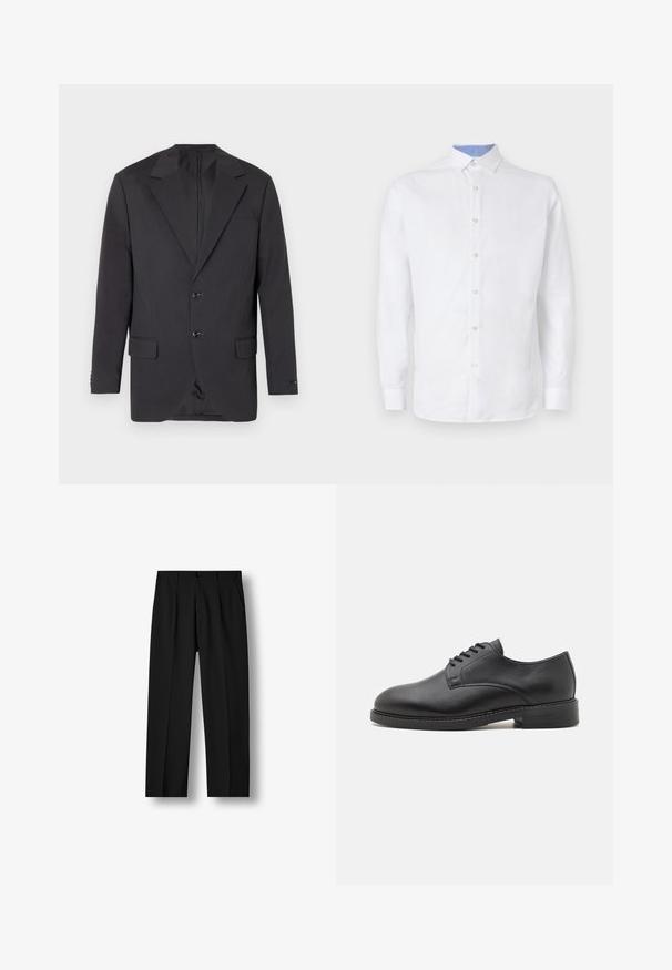 Blazer gris oscuro con solapa muesca, dos botones frontales, dos bolsillos laterales y un bolsillo en el pecho. Tejido suave con un corte ajustado.; Camisa blanca de manga larga con botones al frente, con un patrón a cuadros azul claro en el interior del cuello y los puños. Textura de tela suave.; Pantalones negros de pierna recta con pliegues delanteros, cintura con botones y bolsillos laterales sobre fondo blanco liso.; Zapato oxford de cuero negro con punta redonda, que presenta un acabado suave, cierre de cordones con cinco ojales y un tacón bajo apilado.