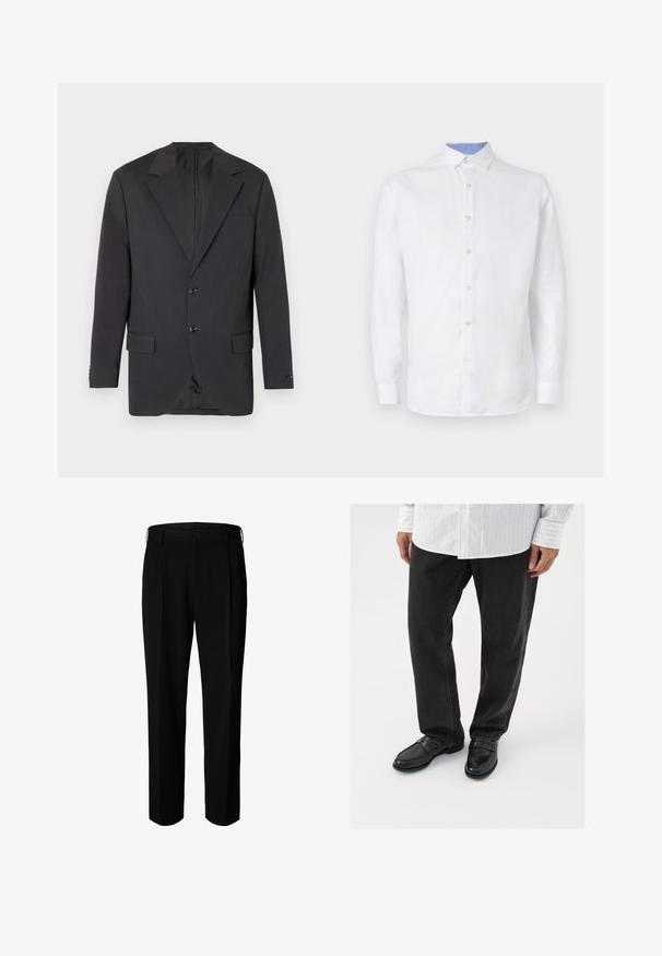 Blazer gris oscuro con solapa muesca, dos botones frontales, dos bolsillos laterales y un bolsillo en el pecho. Tejido suave con un corte ajustado.; Camisa blanca de manga larga con botones al frente, con un patrón a cuadros azul claro en el interior del cuello y los puños. Textura de tela suave.; Pantalones formales negros con trabillas para cinturón, botón frontal y cierre de cremallera, mostrados sobre fondo blanco.; Pantalones de mezclilla negros combinados con mocasines negros brillantes. La camisa es blanca con finas rayas verticales, de mangas largas y con cuello abotonado.
