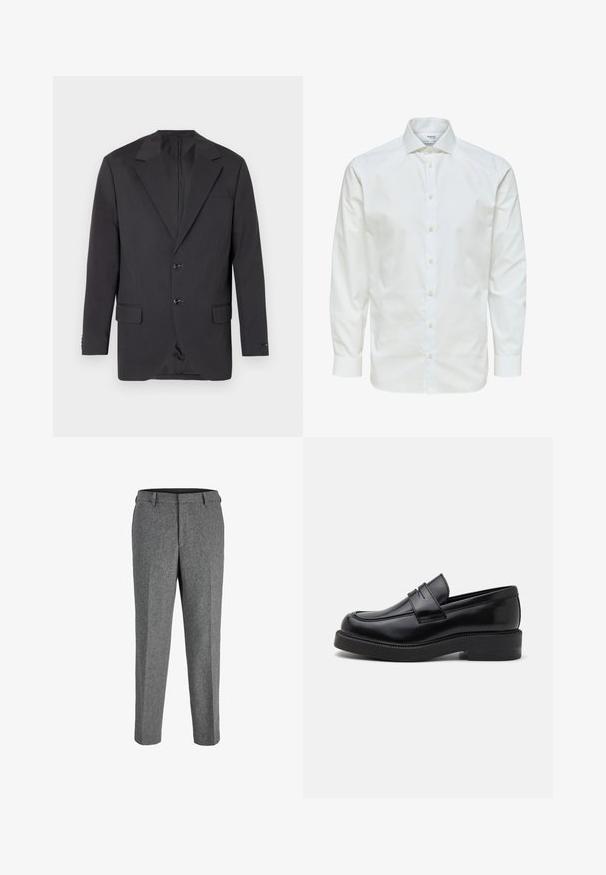 Blazer gris foncé avec un col à cran, deux boutons à l'avant, deux poches latérales et une poche poitrine. Tissu lisse avec une coupe ajustée.; Chemise blanche à manches longues avec fermeture par boutons sur le devant et col pointu, présentée sur fond blanc.; Pantalon gris en mélange de laine à coupe droite, avec un devant plat, des passants de ceinture et une finition texturée.; Mocassin en cuir noir avec un bout arrondi, des coutures décoratives à l'avant et une semelle en caoutchouc épaisse. Texture lisse avec une finition brillante.