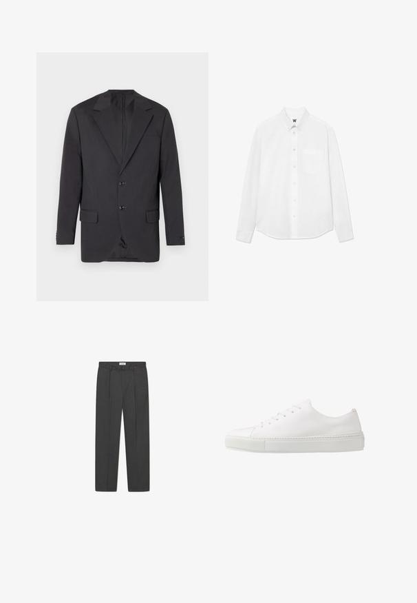 Blazer gris oscuro con solapa muesca, dos botones frontales, dos bolsillos laterales y un bolsillo en el pecho. Tejido suave con un corte ajustado.; Camisa blanca de manga larga con botones y cuello, bolsillo frontal y una textura sutil. La tapeta delantera tiene botones y un pequeño detalle del logo.; Pantalones grises a medida con un sutil patrón de cuadro, tejido texturizado y pliegues delanteros, presentando una cinturilla con pasadores para cinturón.; Zapatilla blanca de cuero con un acabado suave, puntera redonda y seis ojales para los cordones. Cuenta con una suela de goma texturizada y un diseño minimalista.