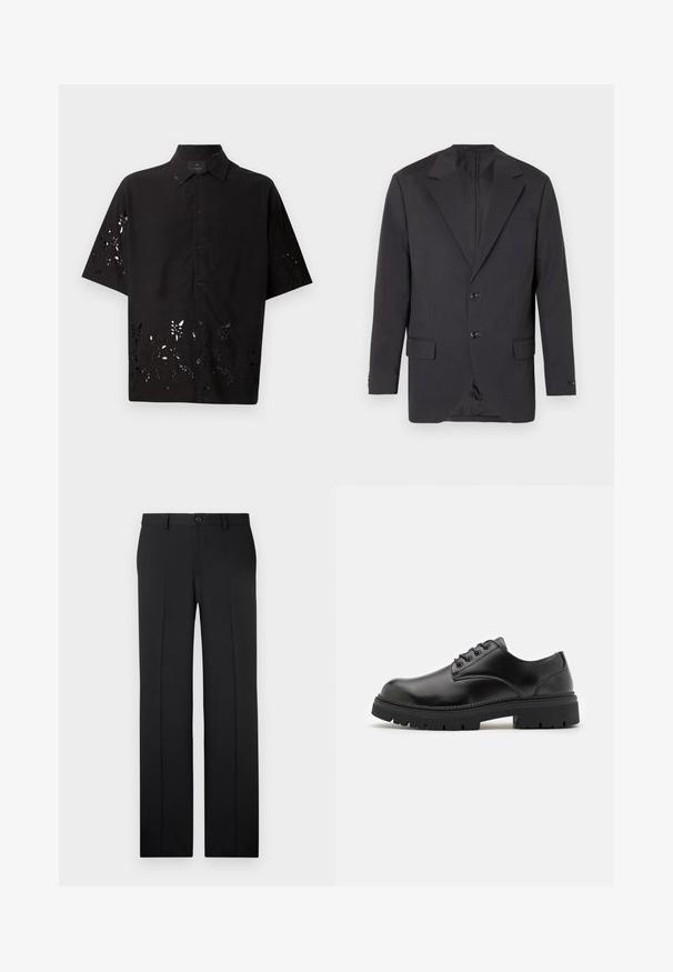 Blazer gris oscuro con solapa muesca, dos botones frontales, dos bolsillos laterales y un bolsillo en el pecho. Tejido suave con un corte ajustado.; Camisa negra de manga corta con cuello y un patrón floral recortado en el dobladillo, con cierres de botón en la parte delantera y una textura suave.; Pantalones negros a medida con corte recto, tejido suave, pliegues frontales y un cierre de botón en la cintura.; Zapatos de cuero negro con punta redondeada, diseño con cordones y una suela de goma gruesa y texturizada. Presentan costuras a lo largo del borde y un acabado suave.