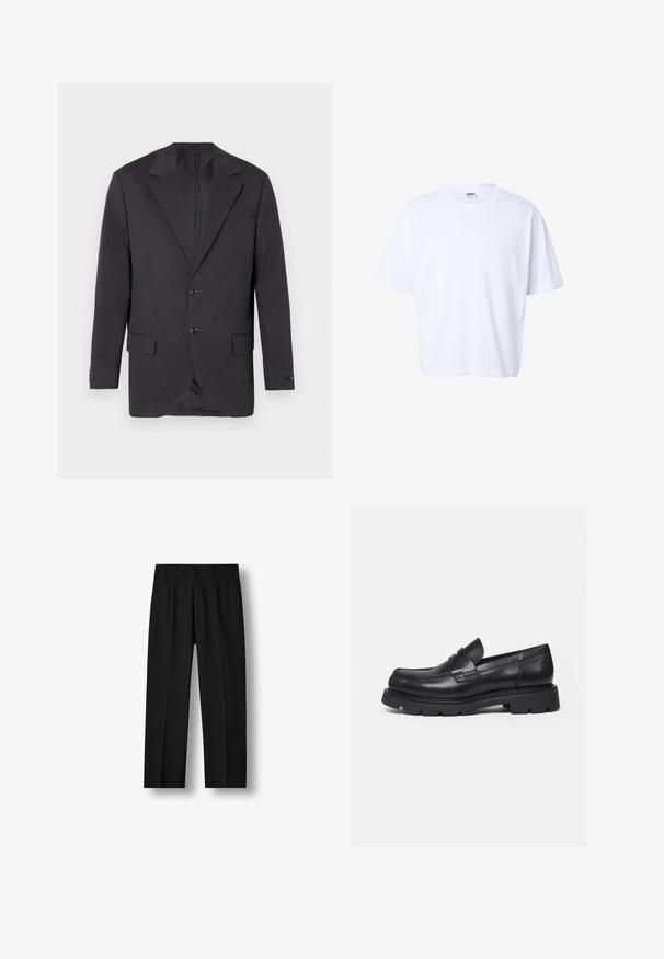 Blazer gris foncé avec un col à cran, deux boutons à l'avant, deux poches latérales et une poche poitrine. Tissu lisse avec une coupe ajustée.; T-shirt blanc uni en coton à manches courtes, col rond, coupe ample et étiquette de marque Urban Classic à l'intérieur du col.; Pantalon noir droit avec plis devant, taille boutonnée et poches latérales sur un fond blanc uni.; Mocassin en cuir noir avec semelle épaisse crantée et détail de bride penny, présenté en profil droit sur fond blanc.