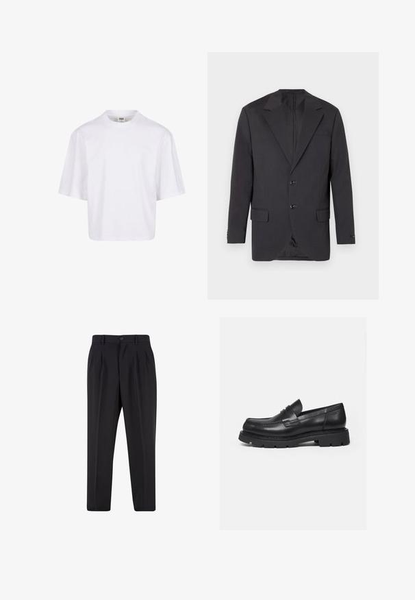 Blazer gris oscuro con solapa muesca, dos botones frontales, dos bolsillos laterales y un bolsillo en el pecho. Tejido suave con un corte ajustado.; Camiseta blanca de manga corta con cuello redondo y corte relajado, fabricada en una suave mezcla de algodón. Sin patrones ni adornos.; Pantalones negros a medida con pliegues delanteros, trabillas para cinturón y cierre con botón en la cintura.; Mocasín negro de cuero con suela gruesa y acanalada y detalle de tira para moneda, mostrado en perfil lateral derecho sobre fondo blanco.