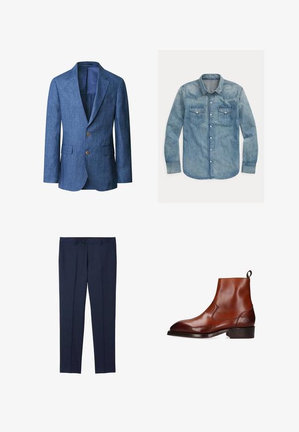 Blå herreblazer med to knapper, hakkede revers, klaplommer og en glat indvendig foring.; Lysblå denimskjorte med spids krave, lange ærmer, to brystlommer og trykknaplukninger. Klassisk westernstil design.; Marine skræddersyede bukser lavet af et glat stof. Har knaplukning, frontlommer og et lige ben design.; Brune læder ankelstøvle med en glat overflade, elastisk indsats på siden, trækstrop og en solid firkantet hæl.