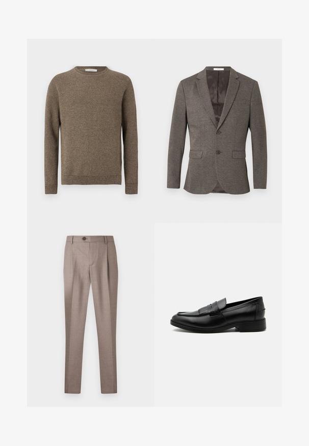Grå sildebensmønstret blazer med to-knaps lukning, hakkede revers og to frontlommer. Foret indre med glat tekstur.; Brun tekstureret strikket langærmet sweater med rund hals og ribbede manchetter samt kant.; Lysebrune skræddersyede bukser med knap- og lynlås lukning, bæltestropper og lige pasform mod en hvid baggrund.; Sort læder herre loafers med kvast detalje, rundet tå, lav hæl og glat poleret finish, vist fra siden på hvid baggrund.