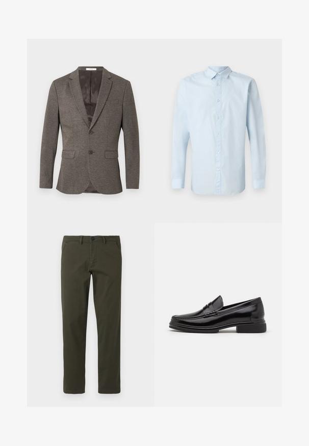 Grå sildebensmønstret blazer med to-knaps lukning, hakkede revers og to frontlommer. Foret indre med glat tekstur.; Lys blå langærmet skjorte lavet af glat stof, med knaplukning fortil, almindelig krave og knaplukning ved håndleddene.; Olivengrønne, lige ben bukser lavet af en blanding af bomuldsstof. Har en lynlås foran, bæltesløjfer og to sidelommer. Glat tekstur.; Sorte læder loafers med en rund tå, der har en syet detalje over vristen og en lav blokhæl. Glat tekstur og blank finish.