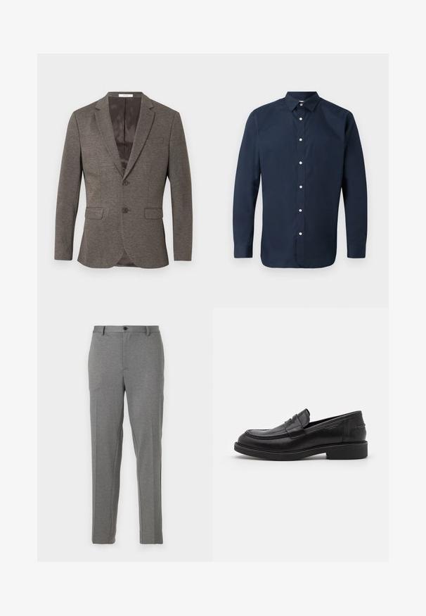 Blazer gris de espiga con cierre de dos botones, solapas con muesca y dos bolsillos delanteros. Forro interior de textura suave.; Camisa de manga larga de color azul marino, fabricada en algodón suave, con cuello extendido, botonera frontal y puños abotonados. Sin patrones visibles.; Pantalones gris ajustados que presentan una textura suave, un ligero patrón, cierre de cremallera y botón, con bolsillos frontales y piernas acampanadas.; Mocasines de cuero negro con puntera redondeada, costuras tonales y un detalle de tira en la parte frontal. Suela de goma con un tacón bajo.