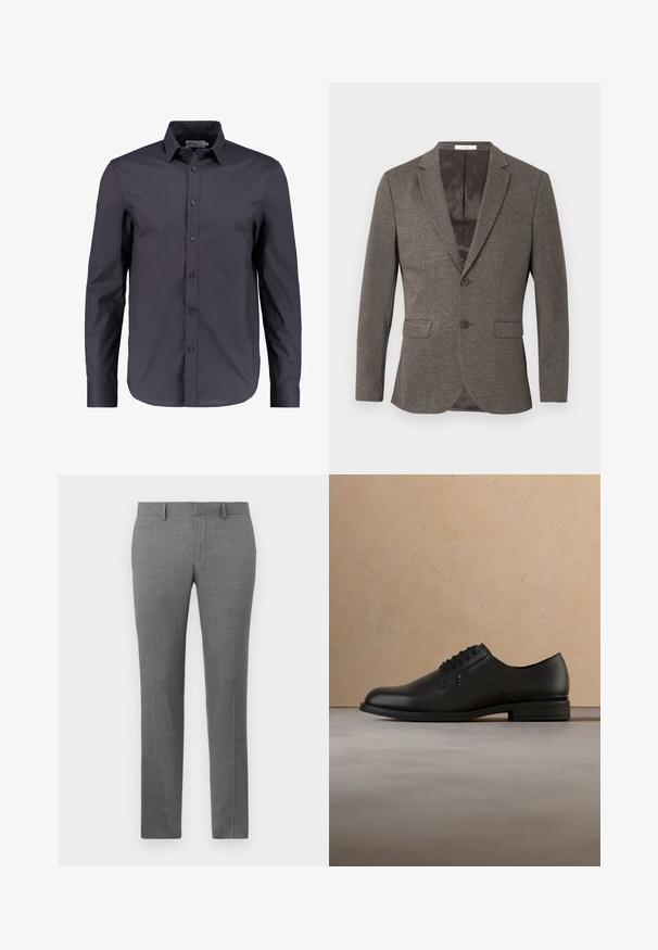 Grå sildebensmønstret blazer med to-knaps lukning, hakkede revers og to frontlommer. Foret indre med glat tekstur.; Mørk navy blå langærmet skjorte lavet af glat bomuld, med knaplukning fortil, klassisk krave og en skræddersyet pasform.; Grå skræddersyede bukser med en glat tekstur, lige ben design, bæltestropper og et subtilt hørmønster over det hele.; Sort poleret lædersko med snørebånd, vist svævende over beige tæppe og lys sofa i baggrunden.