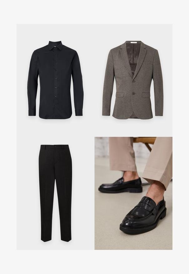 Grå sildebensmønstret blazer med to-knaps lukning, hakkede revers og to frontlommer. Foret indre med glat tekstur.; Sort langærmet skjorte lavet af glat stof, med klassisk krave, frontknaplukning og knapmansjetter.; Sorte skræddersyede bukser med et straight-leg design, der har lukning med knap og subtil tekstur. Ingen synlige mønstre eller accenter.; Sorte lædermokkasiner med en glat overflade, der har en dekorativ rem og kontraststing, parret med beige bukser.