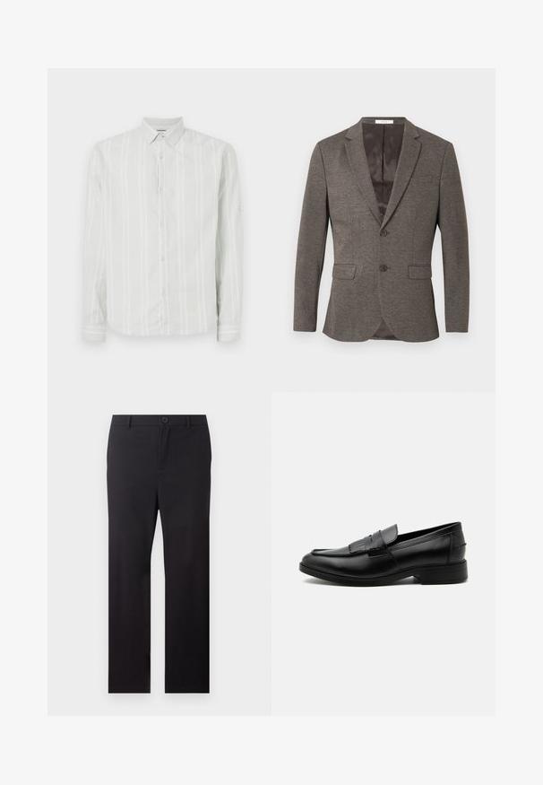 Grå sildebensmønstret blazer med to-knaps lukning, hakkede revers og to frontlommer. Foret indre med glat tekstur.; Lysegrå langærmet skjorte med hvide lodrette striber, knaplukning foran og klassisk krave. Har detalje ved manchetterne på ærmerne.; Sorte bukser med lige ben, bærestropper og frontknaplukning på hvid baggrund.; Sort læder herre loafers med kvast detalje, rundet tå, lav hæl og glat poleret finish, vist fra siden på hvid baggrund.