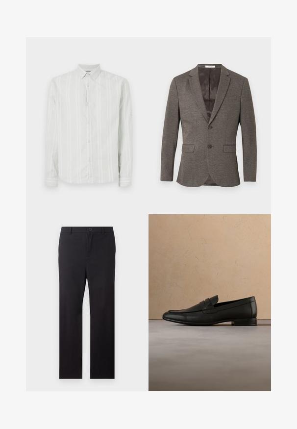 Grijze vissengraatblazer met een sluiting met twee knopen, opstaande revers en twee voorzakken. Gevoerd interieur met een gladde textuur.; Lichtgrijs langemouwen shirt met witte verticale strepen, knopenlijst aan de voorkant en een klassieke kraag. Bevat manchetdetails op de mouwen.; Zwarte rechte broek met riemlussen en een knoopsluiting aan de voorkant op een witte achtergrond.; Zwarte leren loafer die zweeft boven een beige tapijt met een beige bank in een minimalistische binnenomgeving.
