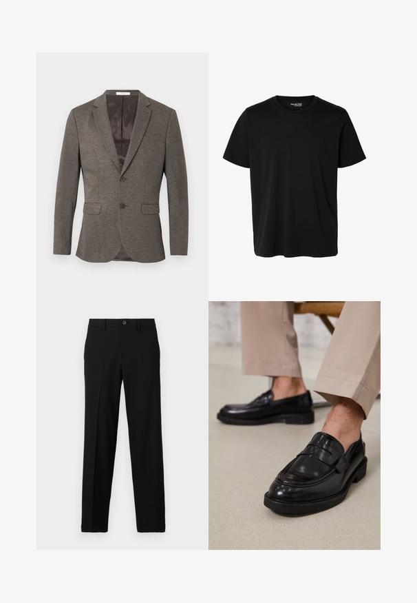 Grå sildebensmønstret blazer med to-knaps lukning, hakkede revers og to frontlommer. Foret indre med glat tekstur.; Ensfarvet sort t-shirt med korte ærmer og rund hals, herrepasform, uden synlige mønstre eller logoer foran.; Sorte bukser lavet af glat stof, med lige snit, knaplukning i taljen, og uden synlige mønstre eller accenter.; Sorte lædermokkasiner med en glat overflade, der har en dekorativ rem og kontraststing, parret med beige bukser.