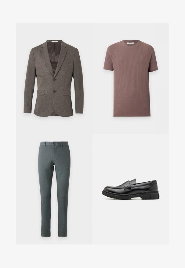 Grå sildebensmønstret blazer med to-knaps lukning, hakkede revers og to frontlommer. Foret indre med glat tekstur.; Kortærmet, ribstrikket t-shirt i afdæmpet mauve med rund halsudskæring, vist fladt på en lys baggrund.; Grå skræddersyede bukser med en tekstureret stof, lige snit, knaplukning, bæltestropper og et slim fit design.; Sort læder loafersko med en bred rem over forfoden, gummisål med tykke mønstre og glat overflade. Klassisk, slankt design.