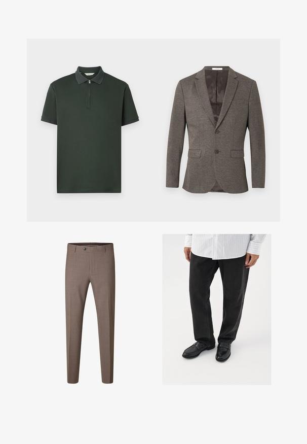 Grijze vissengraatblazer met een sluiting met twee knopen, opstaande revers en twee voorzakken. Gevoerd interieur met een gladde textuur.; Donkergroene polo shirt met korte mouwen, met een ritskraag en contrasterende textuur bij de kraag. Gemaakt van een gladde stof met een minimalistisch ontwerp.; Bruine slim-fit formele broek met knoop en riemlussen, afgebeeld tegen een witte achtergrond.; Zwarte denim broek gecombineerd met glanzende zwarte instappers. Het shirt is wit met dunne verticale strepen, heeft lange mouwen en een geknoopte kraag.