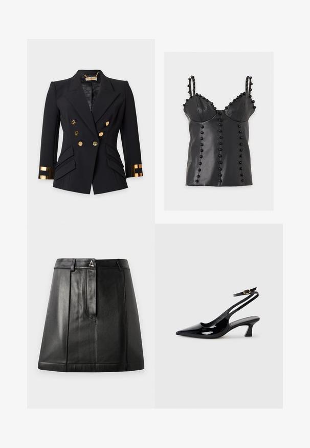 Blazer noir cintré à double boutonnage avec boutons dorés et accents dorés brillants sur les poignets, avec épaules structurées et poches à rabat à l'avant.; Haut sans manches en faux cuir noir avec bonnets rembourrés, doubles fines bretelles et rangées verticales de perles noires rondes en décoration.; Jupe en cuir noir avec une forme structurée, dotée d'une poche avant et d'un accent métallique à la taille. Texture lisse et détails de couture.; Escarpins à brides arrière en cuir verni noir, à bout pointu, avec un petit talon carré et une sangle de cheville ajustable dotée d'une boucle dorée.