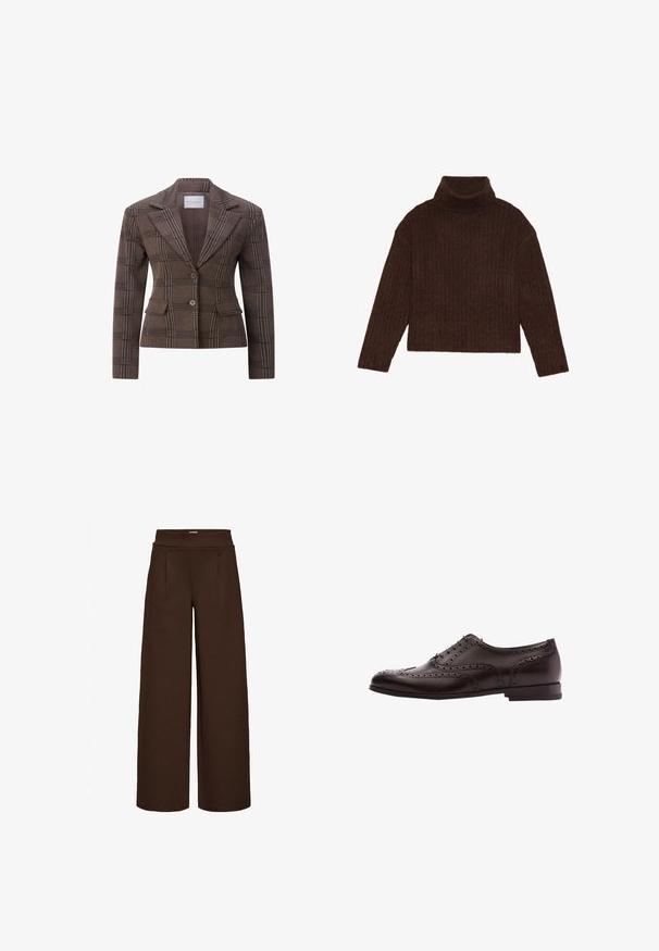 Bruine geruite getailleerde blazer met twee knopen, notch-revers en klepzakken aan de voorkant.; Bruine geribbelde coltrui met lange mouwen en een cropped silhouet, met een dikke, gestructureerde brei ontwerp.; Bruine wijde broek gemaakt van gladde stof, met een hoge taille en twee plooien aan de voorkant, ontworpen voor een losse pasvorm.; Bruine leren schoenen met brogue-details, vetersluiting, ronde neus en een lage gestapelde hak. Gepolijste afwerking en ingewikkelde perforaties.