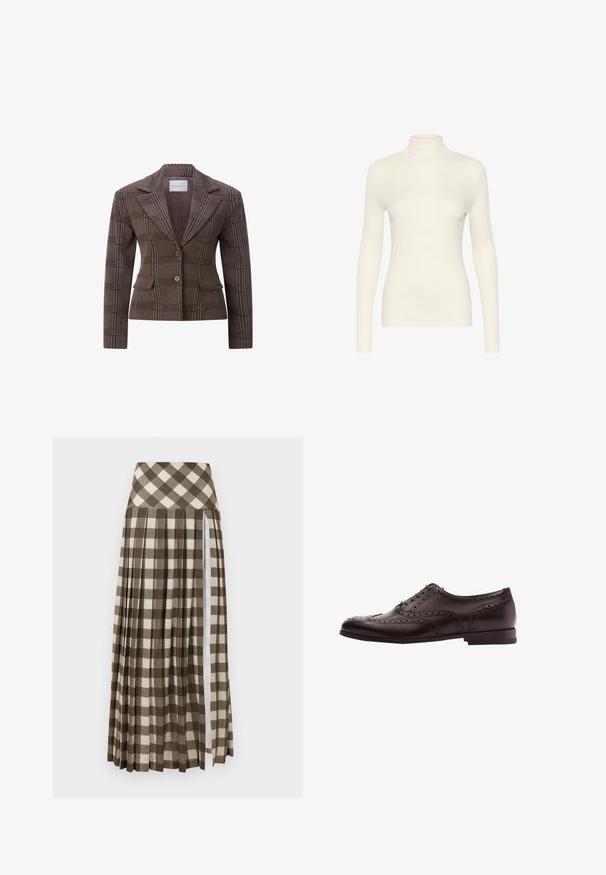 Blazer entallado marrón a cuadros con dos botones, solapas con muesca y bolsillos delanteros con solapa.; Top de manga larga blanca tipo cuello alto, hecho de una tela suave con forma ajustada, que presenta un cuello alto y un diseño minimalista.; Larga falda plisada con un patrón de cuadros en marrón y beige. Diseño de cintura alta con una abertura lateral y textura de tela suave.; Zapato de vestir de cuero marrón con detalles de brogue, cierre con cordones, puntera redondeada y un tacón bajo apilado. Acabado pulido y perforaciones intrincadas.
