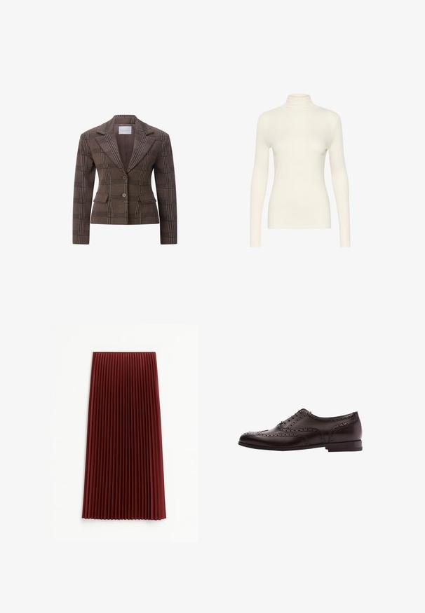 Brun ternet figursyet blazer med to knapper, hakkede revers og forlommer med klapper.; Hvid langærmet turtleneck-top, lavet af glat stof med en tætsiddende form, der har en høj krave og et minimalistisk design.; Plisseret midi-nederdel i dyb rød, med et tekstureret stof og jævnt fordelte vertikale folder. Kanten falder omkring midt på læggen.; Brune læder dress sko med brogue-detaljer, snørebånds lukning, rund tå og en lav stablet hæl. Poleret finish og indviklede perforeringer.