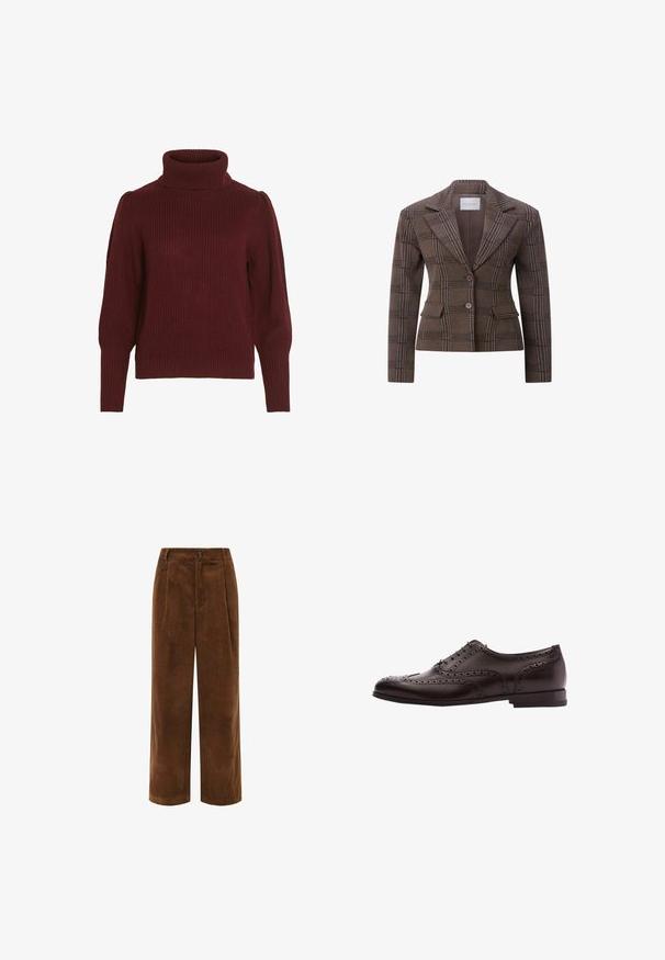 Blazer marron à carreaux ajusté avec deux boutons, revers crantés et poches à rabat à l'avant.; Pull en tricot bordeaux avec un col montant, texture côtelée, manches longues et détails froncés sur les épaules.; Pantalons en velours côtelé brun à jambes larges avec une surface texturée, un devant plissé et une fermeture éclair. Présente une petite étiquette de marque sur la taille.; Chaussure habillée en cuir marron avec des détails de brogue, fermeture à lacets, bout arrondi et un petit talon empilé. Fini poli et perforations complexes.