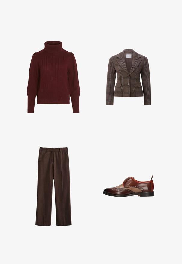 Brun ternet figursyet blazer med to knapper, hakkede revers og forlommer med klapper.; Bordeaux strikket sweater med høj krave, ribbet tekstur, lange ærmer og samlet detaljer på skuldrene.; Brune bukser med lige ben, bæltestropper, sidelommer og skjult forlukning foran, vist mod en hvid baggrund.; Brun tofarvet herresko i læder med brogue-detaljer, snørelukning og sort sål, vist fra siden på hvid baggrund.