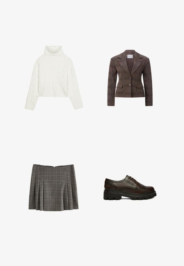 Brun ternet figursyet blazer med to knapper, hakkede revers og forlommer med klapper.; Hvid kabel-strikket turtleneck sweater med en cropped silhuet, der har ribbede manchetter og kant. Blød tekstur med et hyggeligt, chunky design.; Grå plisseret nederdel med sort og hvid ternet mønster, knælængde og lynlås bagpå.; Mørkebrun læder brogue sko med perforerede detaljer og tyk sort rillesål, set fra siden på hvid baggrund.