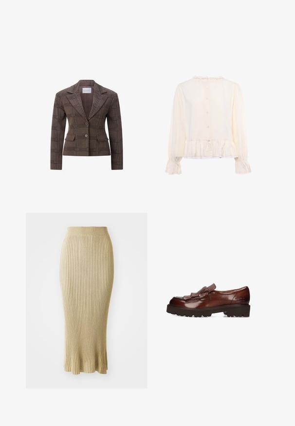 Bruine geruite getailleerde blazer met twee knopen, notch-revers en klepzakken aan de voorkant.; Crèmekleurige blouse met lange mouwen, knopen aan de achterkant, een ruches kraag, manchetten en zoom, gemaakt van licht, licht doorschijnend stof.; Gebreide potloodrok in lichtbeige, met verticale ribbels, een aansluitende taille en een uitlopende zoom met subtiele afwerkingen aan de onderkant.; Bruine leren loafers met een franjesdetail en een stevige, textuurvolle zool. Heeft een gladde afwerking en reliëfbranding aan de zijkant.