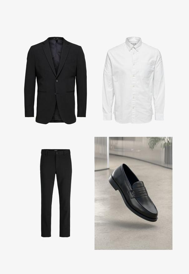 Blazer noir en tissu lisse, avec un col cranté, deux boutons et deux poches avant, au style chic et ajusté.; Chemise blanche à manches longues avec boutons, col et poche poitrine, étiquetée « Selected Homme » à l'intérieur du col.; Pantalon noir slim-fit avec passants pour ceinture, fermeture par bouton et devant lisse.; Mocassin en cuir noir à texture lisse, bout pointu et bande décorative sur le cou-de-pied. Semelle légère, design minimaliste.