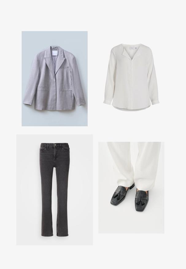 Helles graues Blazer aus strukturiertem Stoff mit Reverskragen, einer Brusttasche und zwei Fronttaschen, entworfen in lockerer Passform.; Weiße Bluse mit langen Ärmeln aus weichemstoff, mit einem Reverskragen, einer Vorderseite mit Knopfleiste und einem abgerundeten Saum.; Schwarze Denim-Jeans mit geradem Bein, ausgestattet mit Fronttaschen, einem Reißverschluss und dezenten Steppdetails. Der Stoff hat eine leichte Textur.; Schwarze Leder-Loafers mit Quasten, ausgestattet mit eckigen Zehen und dekorativen Nähten, kombiniert mit weißen, weit geschnittenen Hosen.
