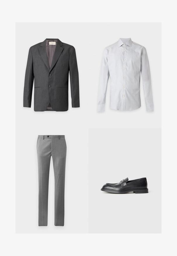 Blazer de hombre en gris oscuro con dos botones, solapa con muesca y bolsillos laterales, exhibido sobre un fondo claro.; Camisa de manga larga de color gris claro con botones y cuello, mostrada de frente sobre un fondo blanco liso.; Pantalones ajustados de color gris claro, confeccionados con una tela suave, que presentan un corte recto, pliegue frontal y un cierre de botón único en la cintura.; Mocasines de cuero negro con acabado texturizado, que cuentan con una correa decorativa en la parte delantera y punta redondeada. Suela de goma para mayor durabilidad.