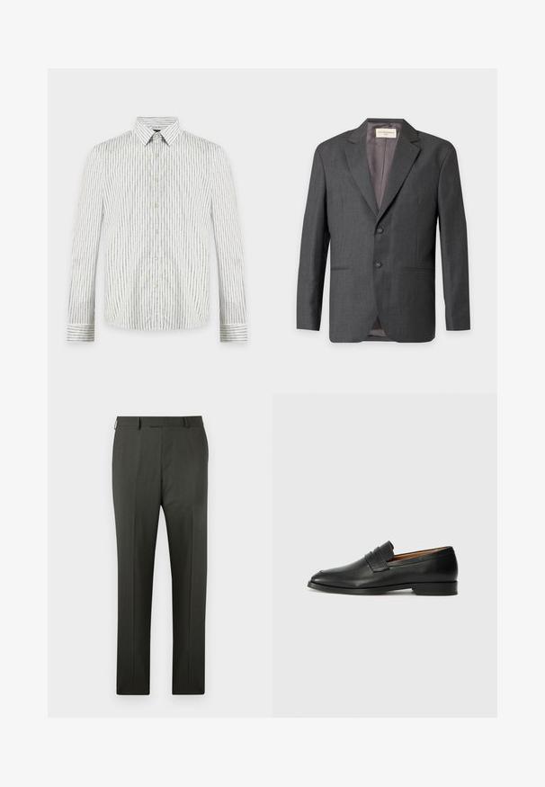 Blazer homme gris foncé à deux boutons, col à revers cranté et poches latérales, présenté sur fond clair.; Chemise blanche à manches longues boutonnée, avec fines rayures verticales noires et col pointu, présentée à plat sur un fond clair.; Pantalon de costume pour homme sur mesure gris foncé avec passants de ceinture et pli avant, présenté sur fond blanc.; Mocassin en cuir noir avec un bout arrondi, des coutures subtiles et un talon bas, présentant une texture lisse et un design minimaliste.