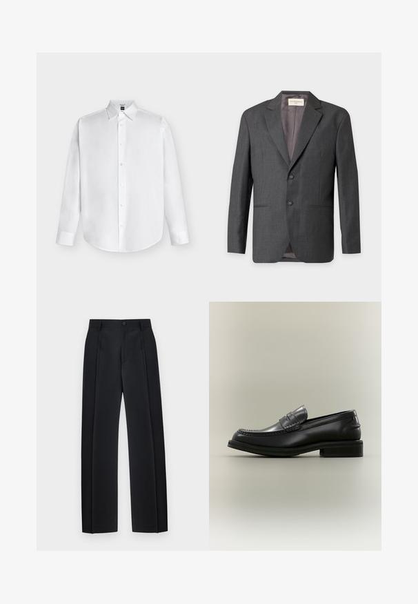 Blazer homme gris foncé à deux boutons, col à revers cranté et poches latérales, présenté sur fond clair.; Chemise blanche à manches longues avec boutons et col classique, présentée à plat sur un fond clair.; Pantalon noir ajusté à jambes droites avec plis devant, passants pour ceinture et fermeture par bouton à la taille.; Mocassin penny en cuir noir avec un détail cousu et un petit talon empilé présenté sur un fond clair uni.