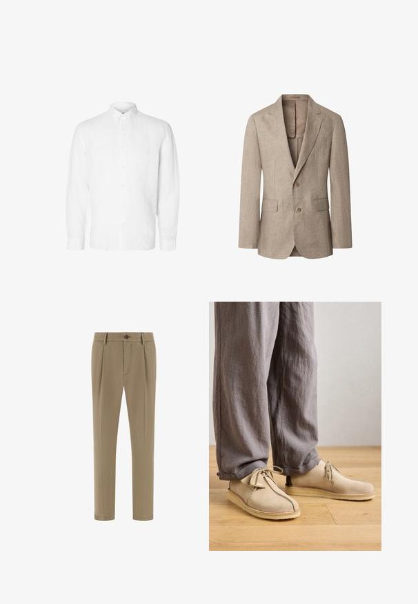 Beiger Herrenblazer mit zwei Knöpfen, Kerbkragen, Pattentaschen und einer Brusttasche, dargestellt vor weißem Hintergrund.; Weißes Langarmhemd aus Leinen mit Button-Down-Kragen, vorderen Knöpfen und einer lässigen Passform mit geraden Manschetten.; Beige maßgeschneiderte Hose mit Gürtelschlaufen, vorderem Knopfverschluss, Reißverschluss und Seitentaschen, präsentiert vor einem weißen Hintergrund.; Beige Wildlederschuhe mit runder Zehenpartie, Schnürdetails und genähten Akzenten, kombiniert mit lockeren grauen Leinenhosen auf einem Holzboden.
