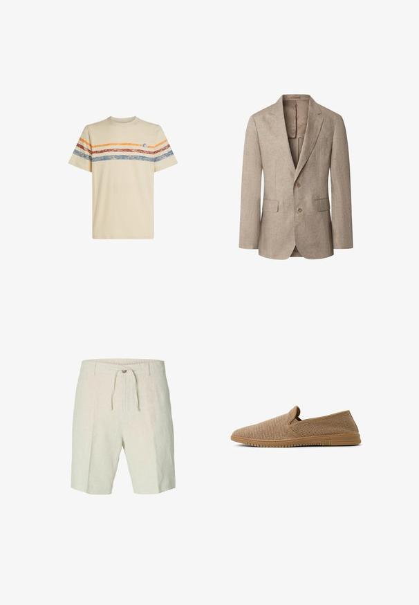 Beige herenblazer met twee knopen, insnijdingen aan de revers, klepzakken en een borstzak, weergegeven op een witte achtergrond.; Crème katoenen t-shirt met horizontale strepen in oranje, rood en blauw. Korte mouwen, ronde halslijn en een klein logo detail op de borst.; Linnen shorts in lichtbeige, met een trekkoord in de taille, voorplooien en twee zijzakken. Zachte textuur met een casual ontwerp.; Instap schoen van tan geweven stof; beschikt over een gestructureerde bovenkant, ronde neus, en een flexibele rubbersole met horizontale ribbels voor grip.